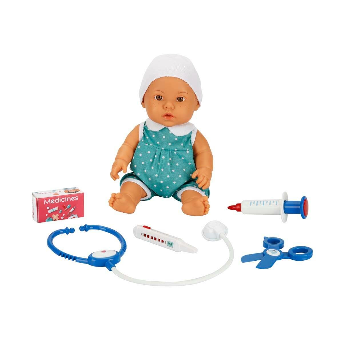 Bebelou Doktor Zamanı Sesli Bebek Seti 35 cm. 30111-Mavi